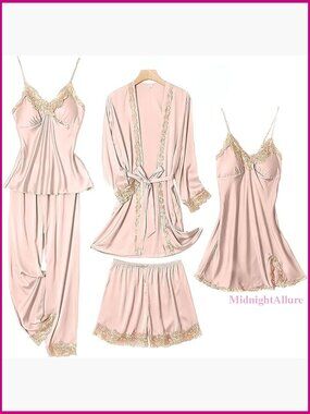 Silk Pajama Set 5-Piece Satin Sleepwear Loungewear Soft Relaxed Fit